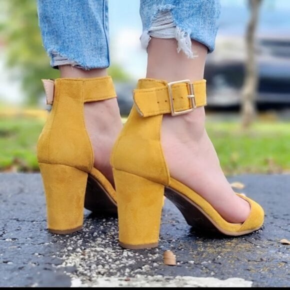 Mustard Yellow Womens Suede Block Heel Sandals with Ankle Strap & Side Buckle